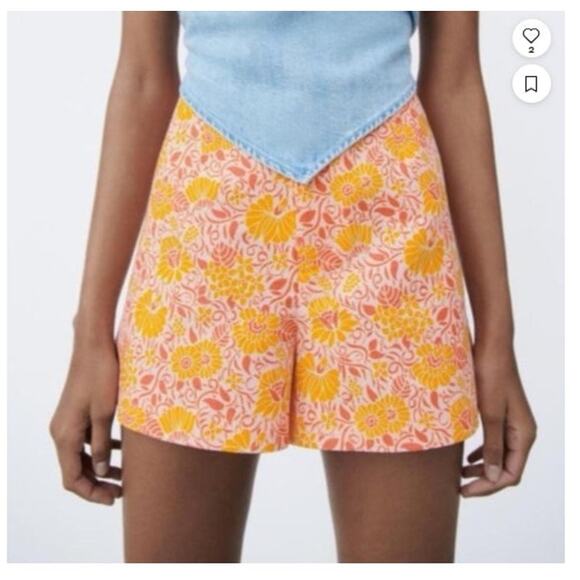 New NWT Zara Linen Cotton Floral Shorts Size Large Pink Orange - Picture 1 of 11